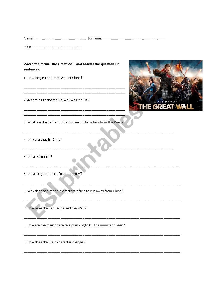 Movie Worksheet  The Great Wall Matt Damon