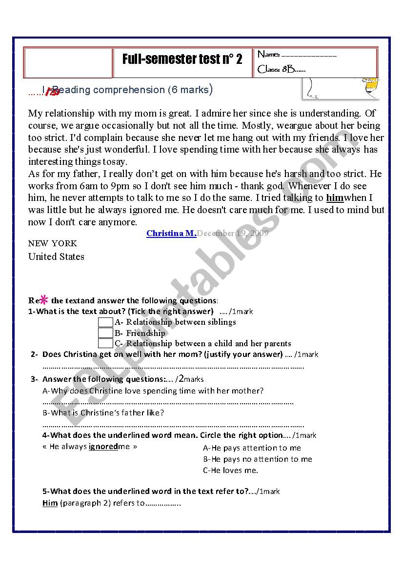 8 th form test worksheet