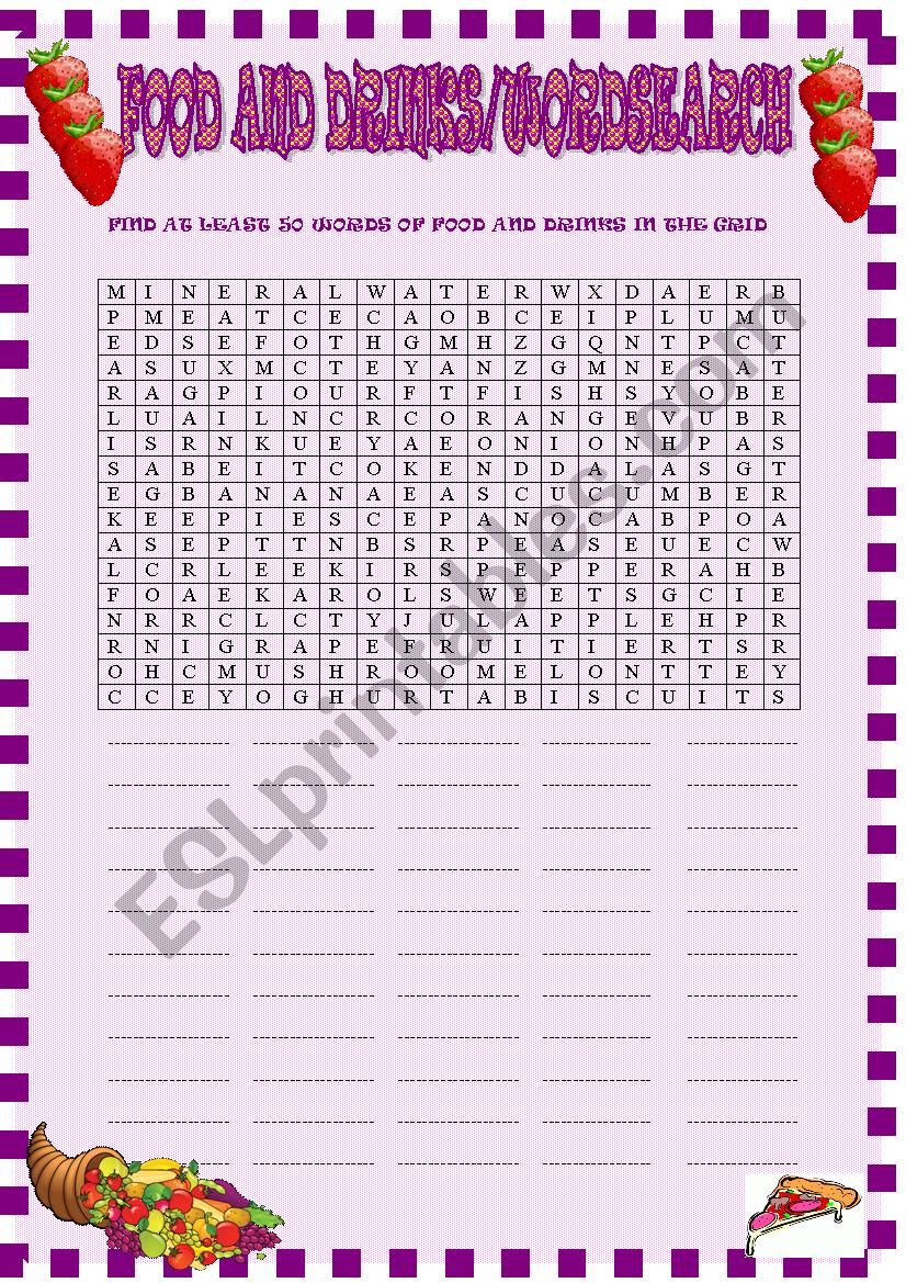 Food wordsearch with KEY worksheet