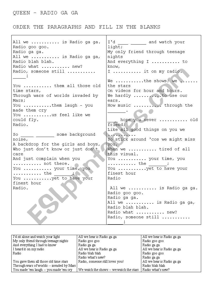 QUEEN - RADIO GAGA worksheet