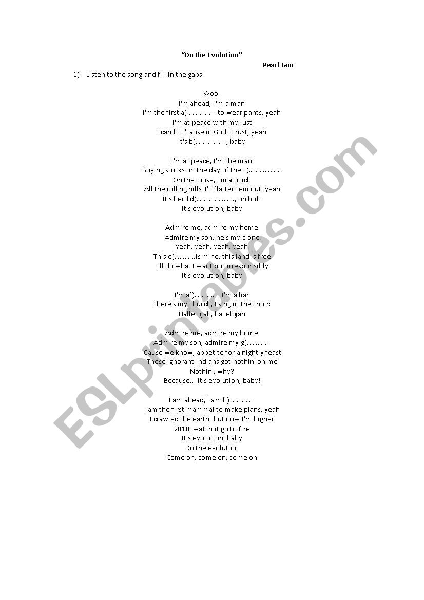 Last Kiss Lyrics - Pearl Jam general…: English ESL worksheets pdf