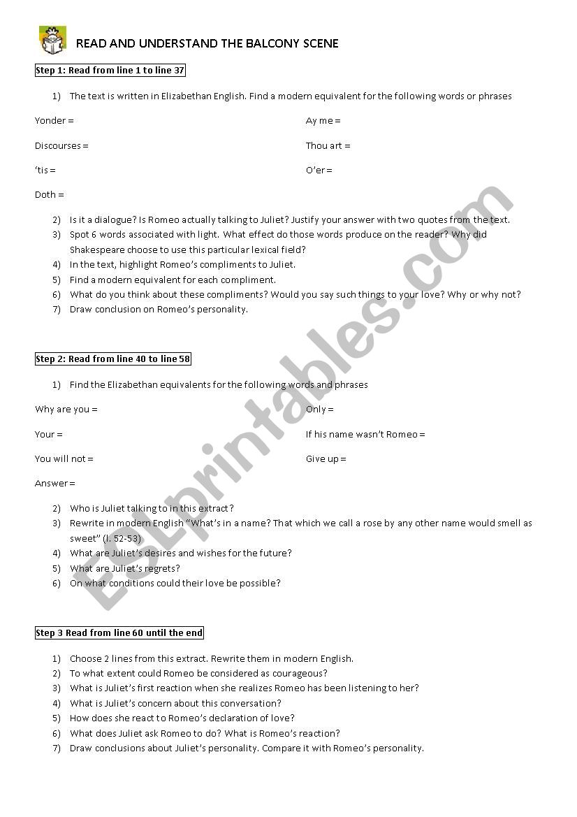 Romeo And Juliet Balcony Scene ESL Worksheet By Elo1012