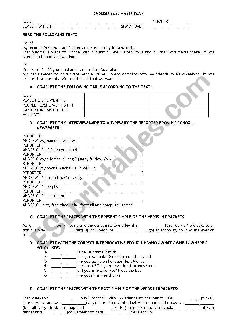 holiday test worksheet