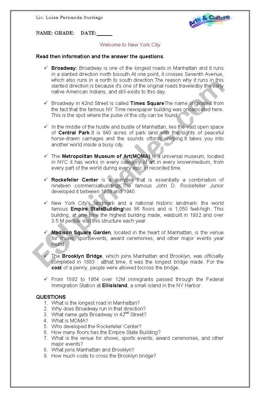 NEW YORK QUESTIONARY worksheet