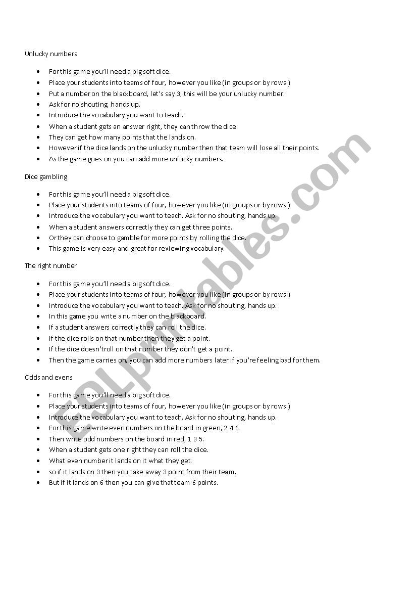 dice games worksheet