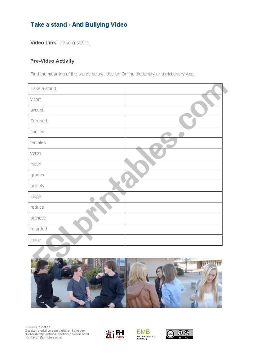 Cyberbullying video activity worksheet