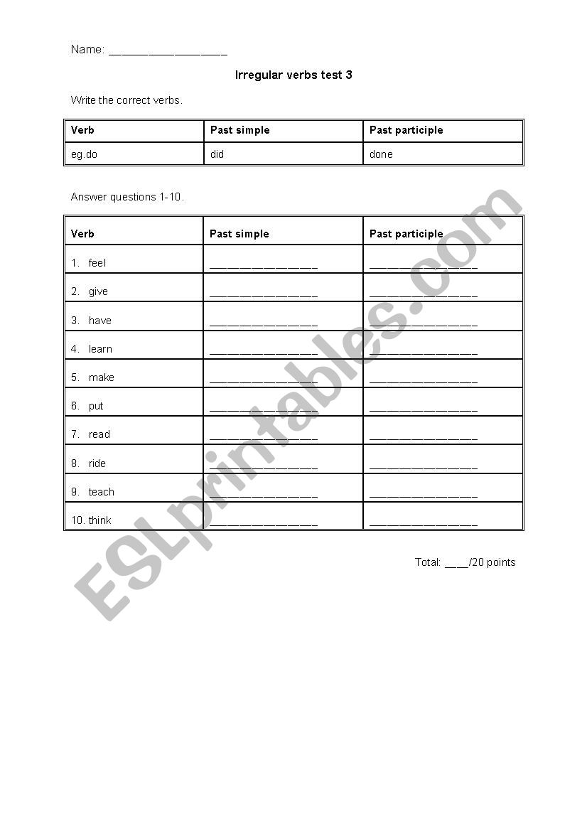 Irregular verb test 3 (past simple & past participle)