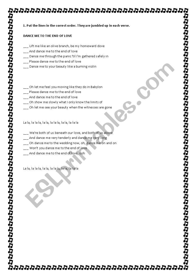 dance me to the end of love worksheet