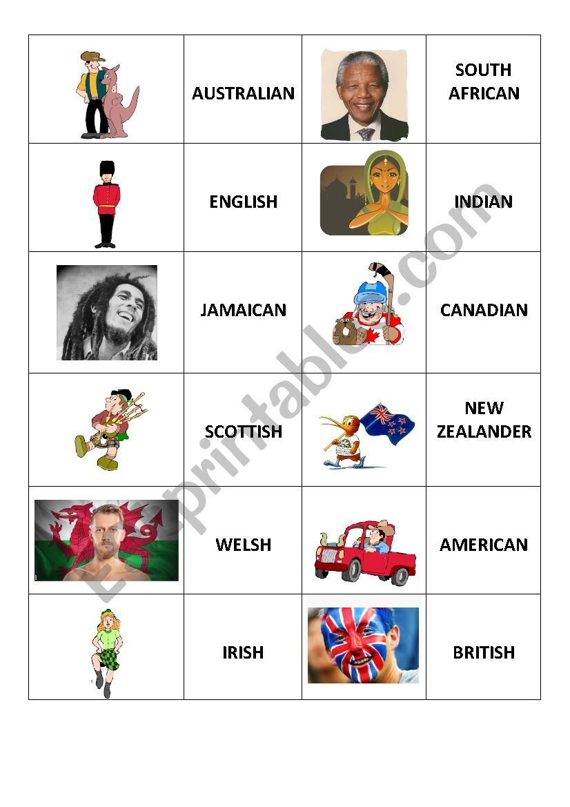 Nationalities - memory game worksheet