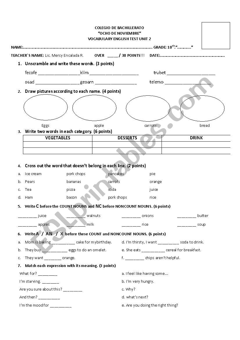 noun and non count noun worksheet