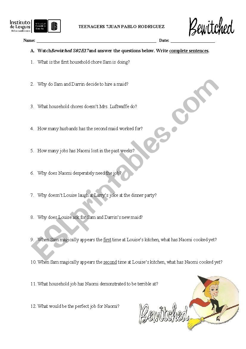 BEWITCHED PRESENT PERFECT worksheet