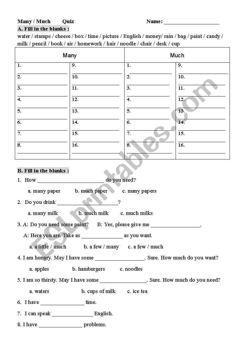 many or much worksheet