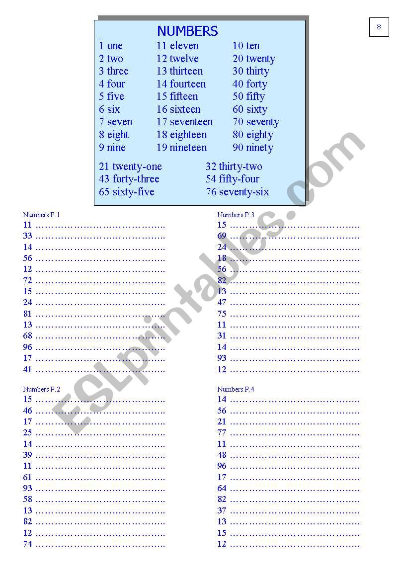 Printable Numbers 1100 Worksheet