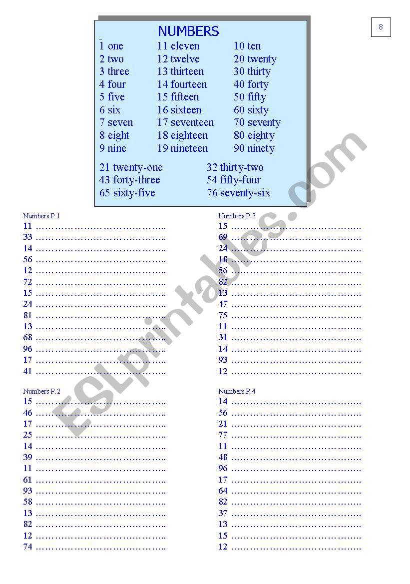 numbers worksheet