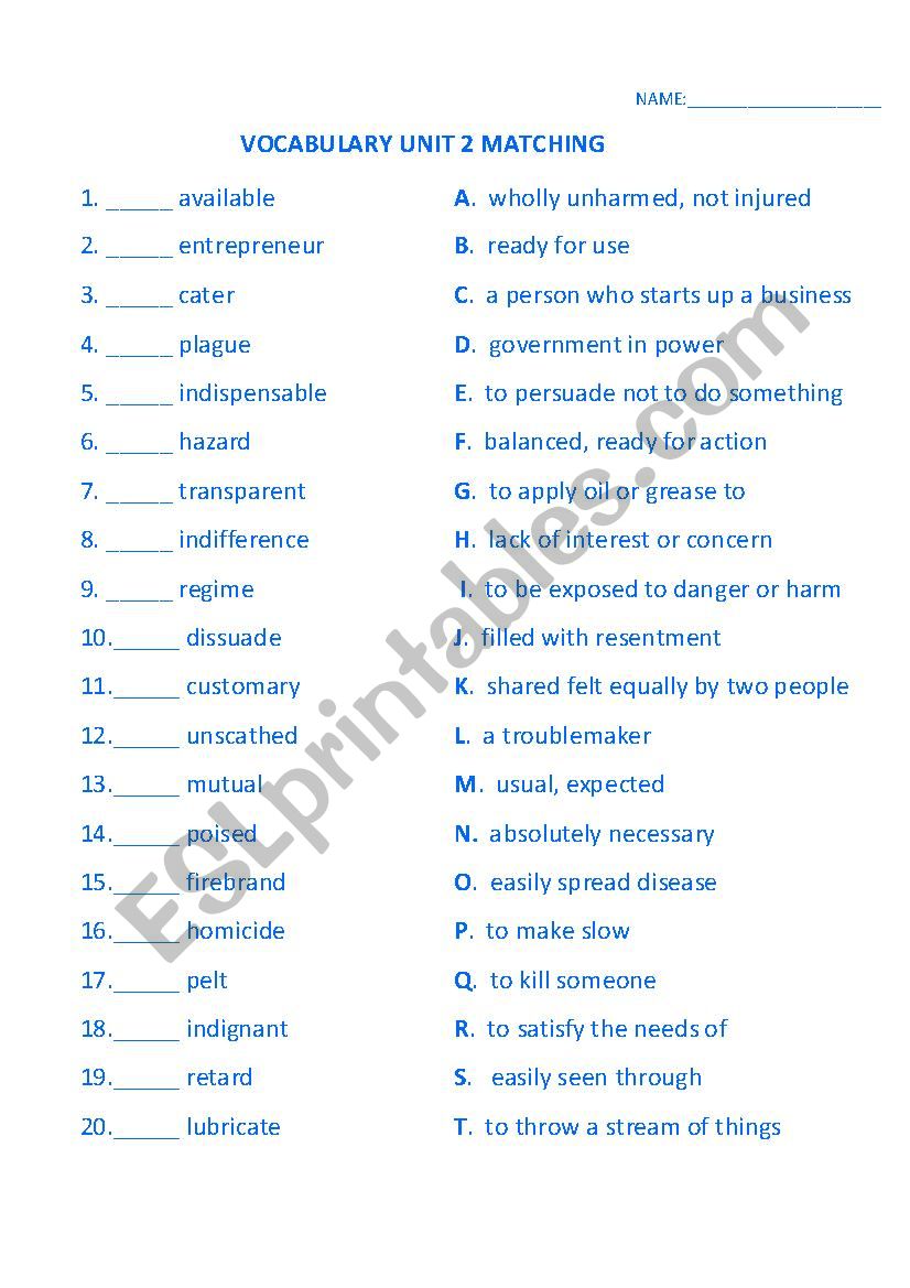 VOCABULARY MATCHING DEFINITIONS