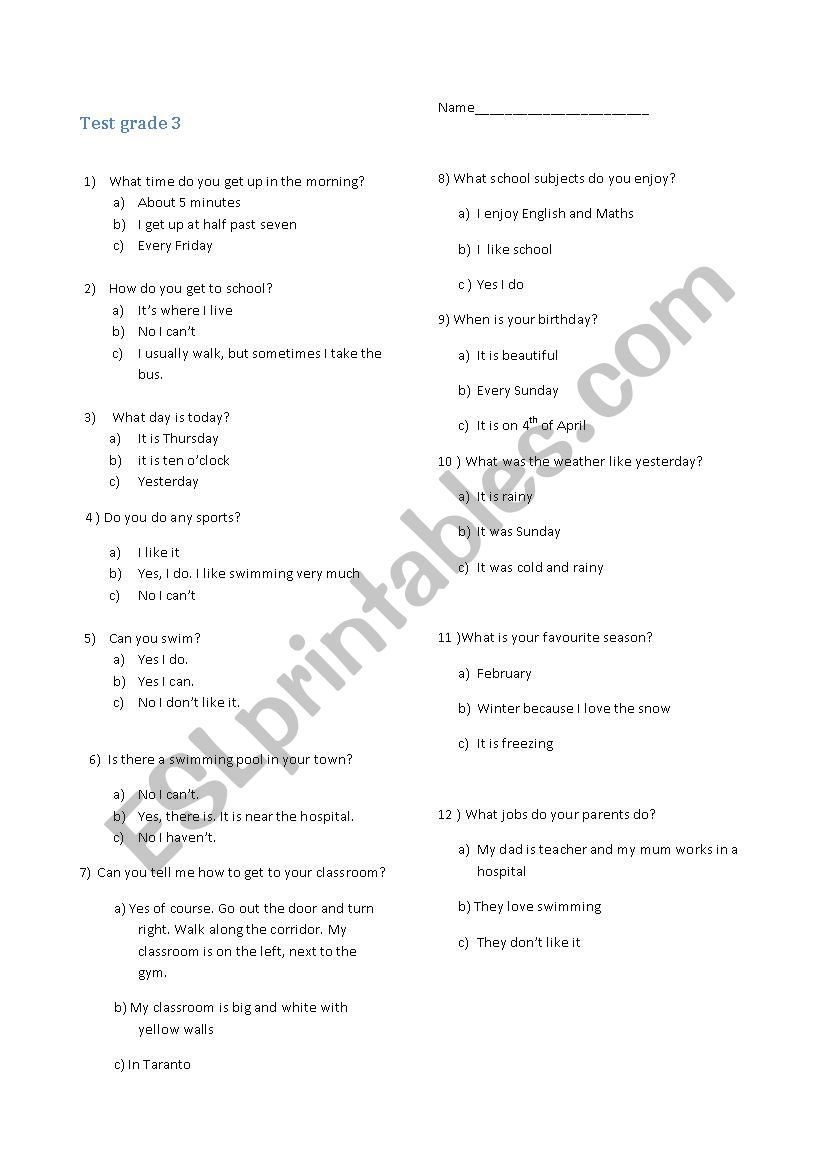 Test Grade 3 trinity worksheet