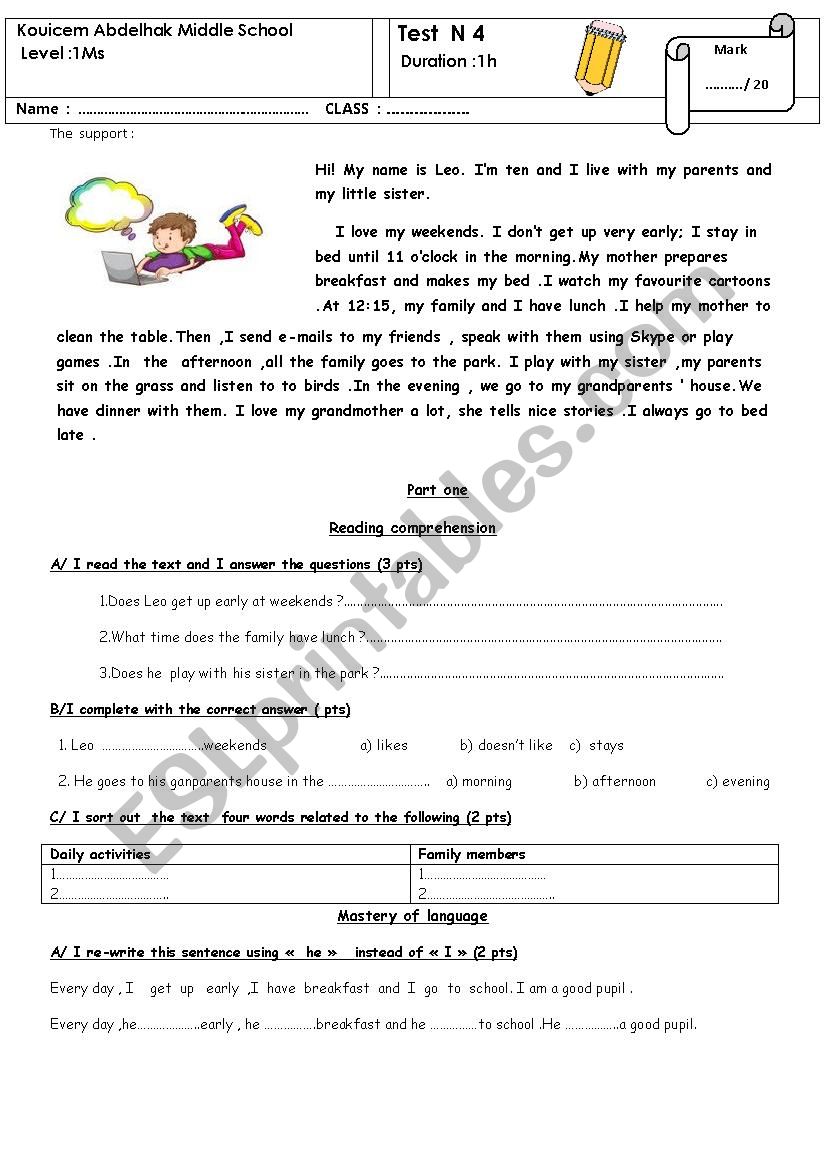 test about weekend activities worksheet