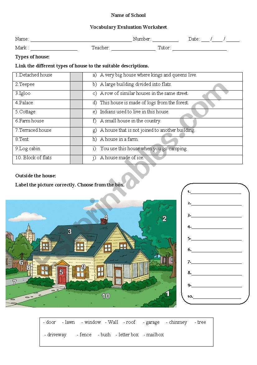 Vocabulary test on the house worksheet