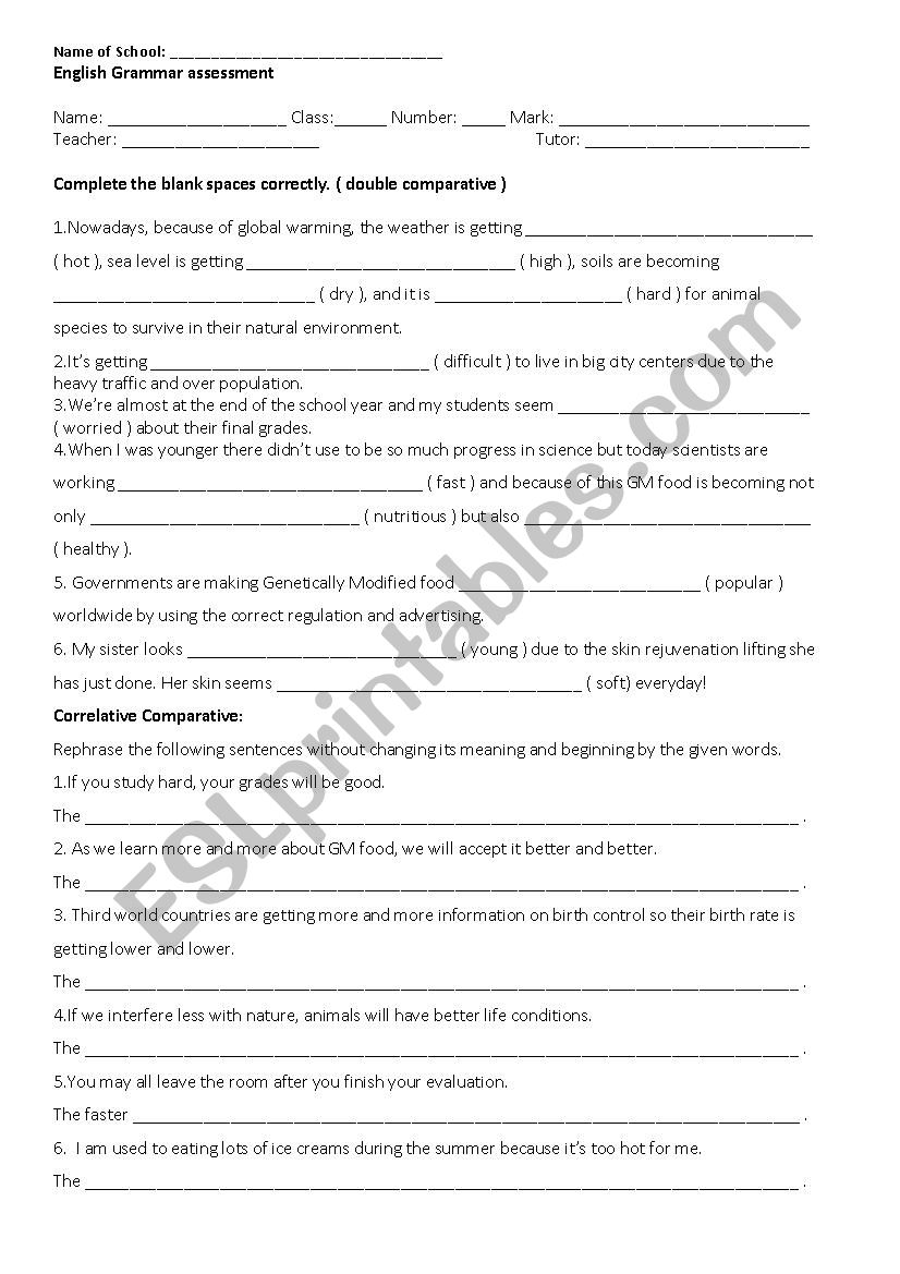 grammar worksheet on double and correlative comparatives