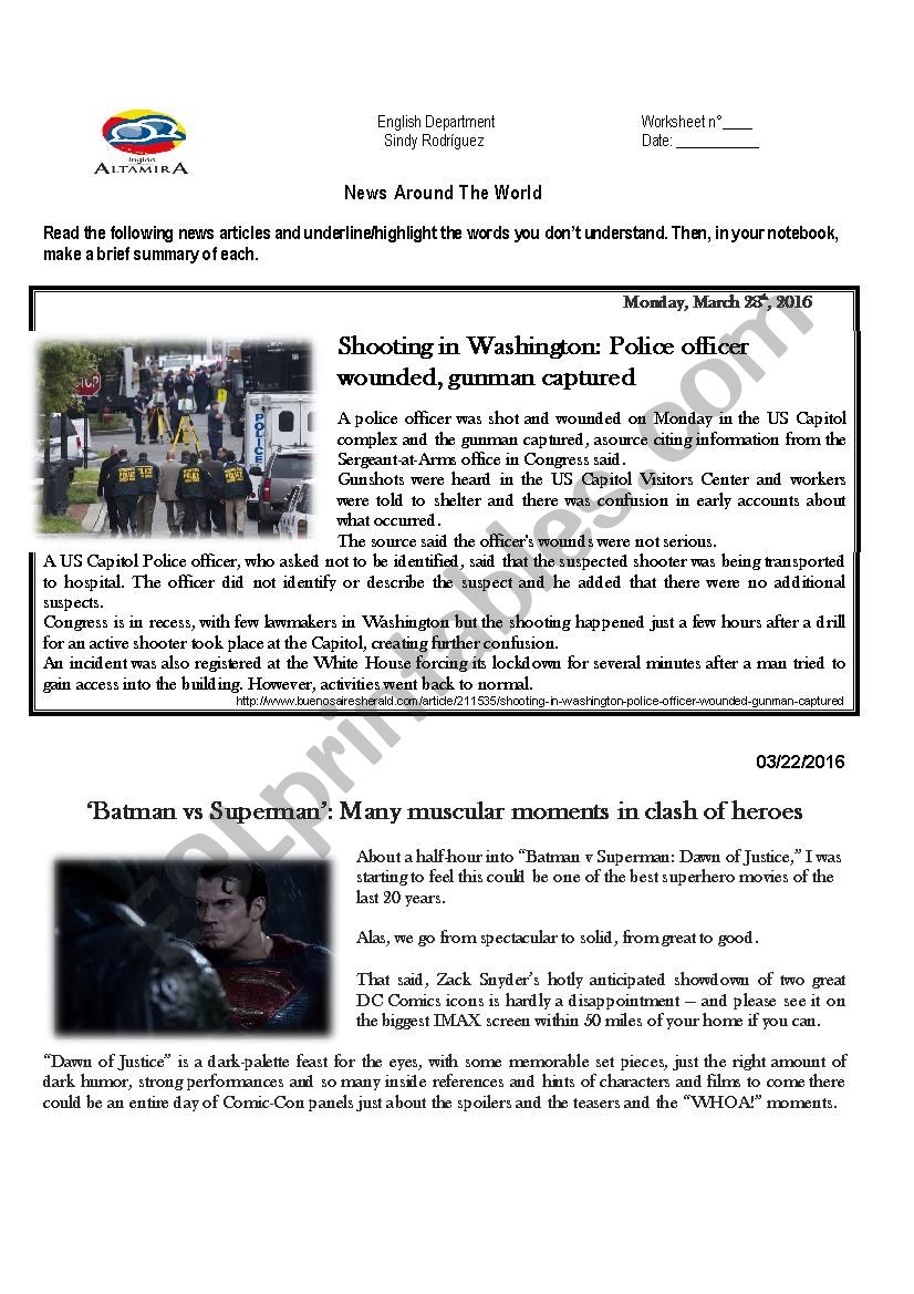 News around the world worksheet