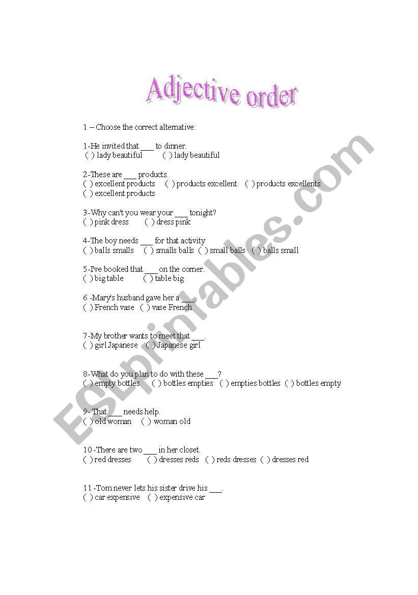 Adjective order worksheet