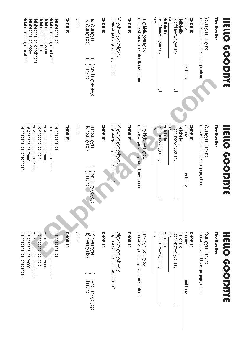 Hello, Goodbye - The beatles worksheet Hello, Goodbye - The beatles worksheet