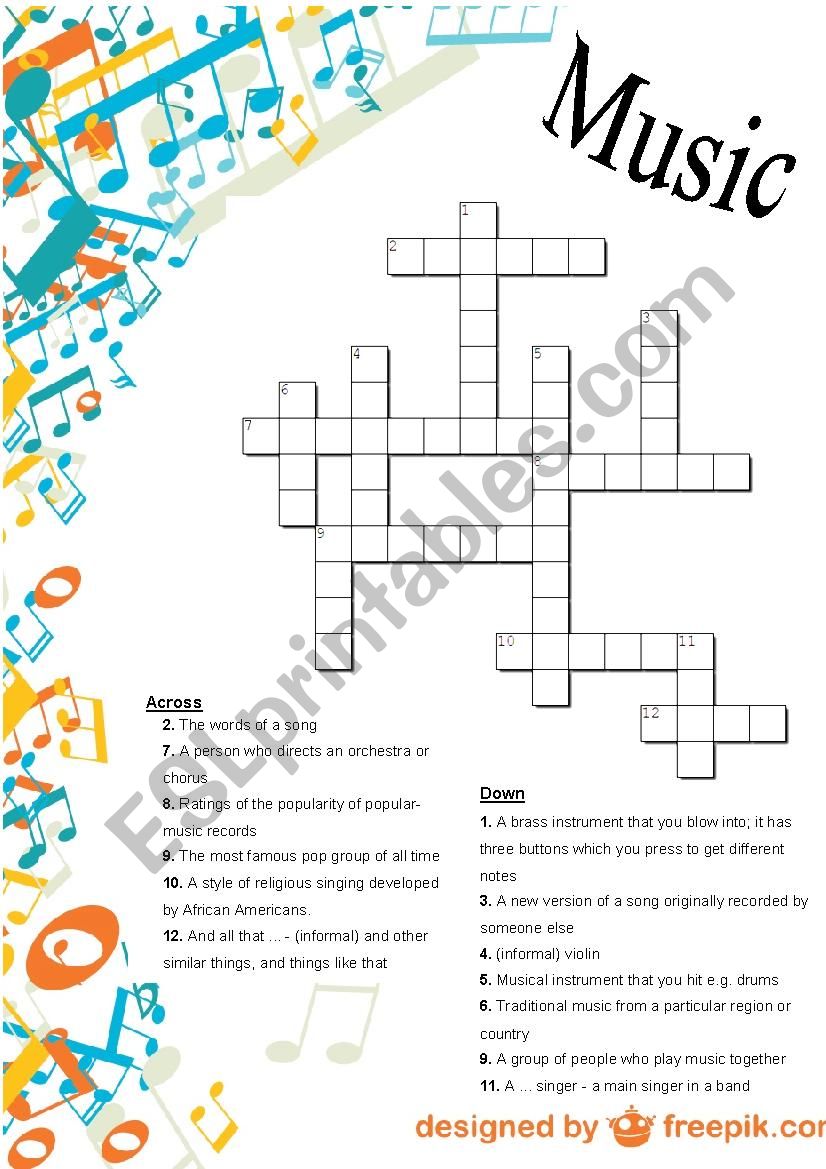 Music crossword worksheet
