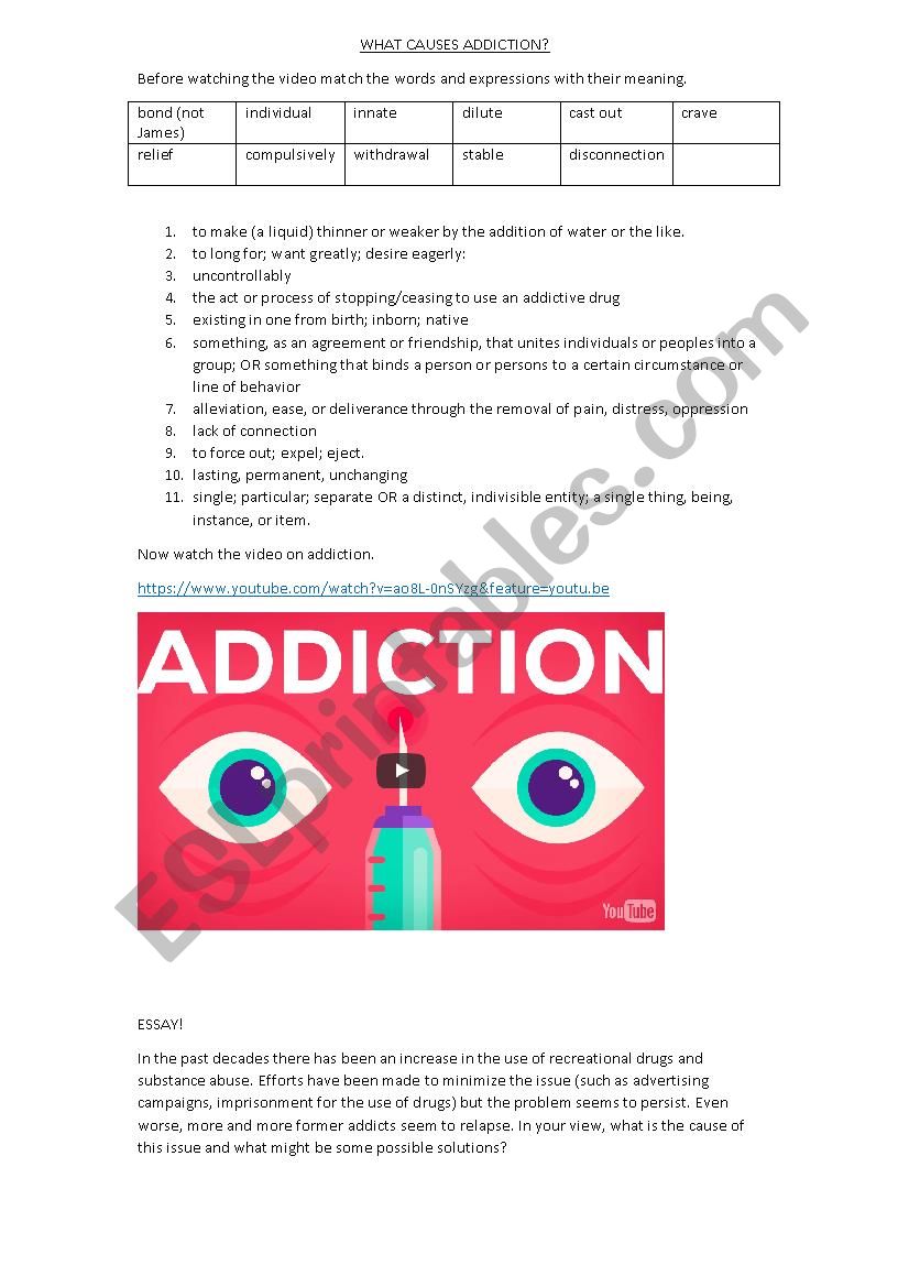 WHAT CAUSES ADDICTION? worksheet