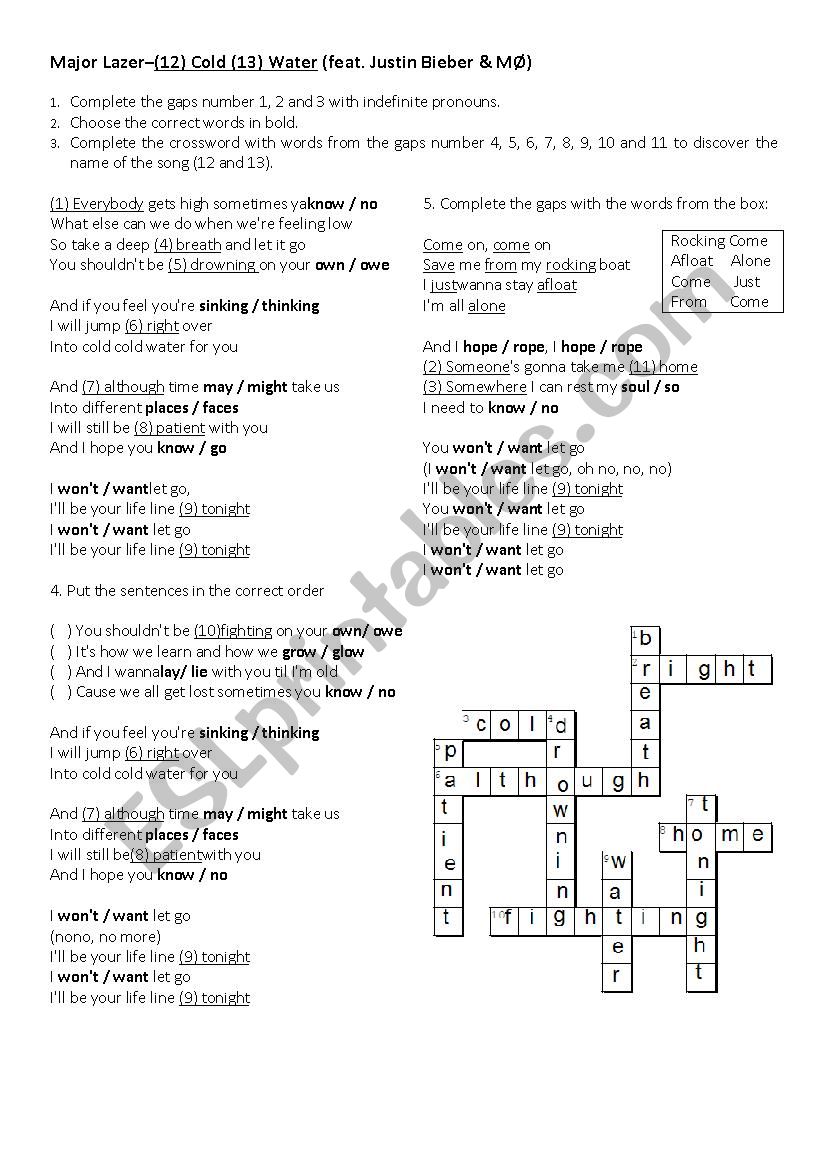 Song Activity - Major Lazer feat Justin Bieber - Answer Key