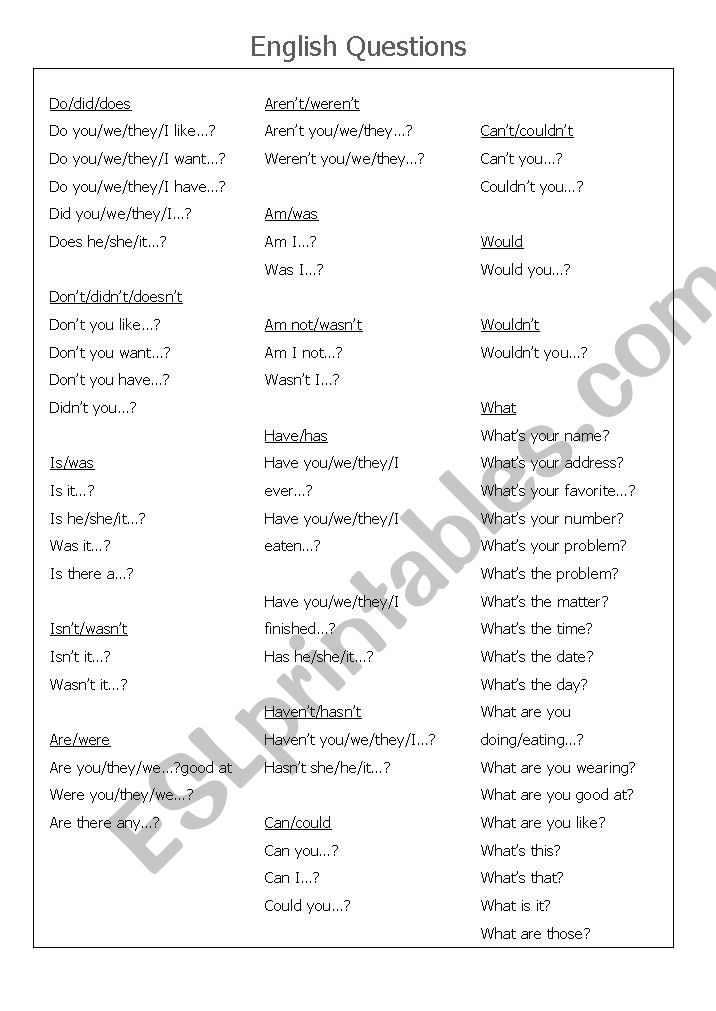 Complete list of different question structures