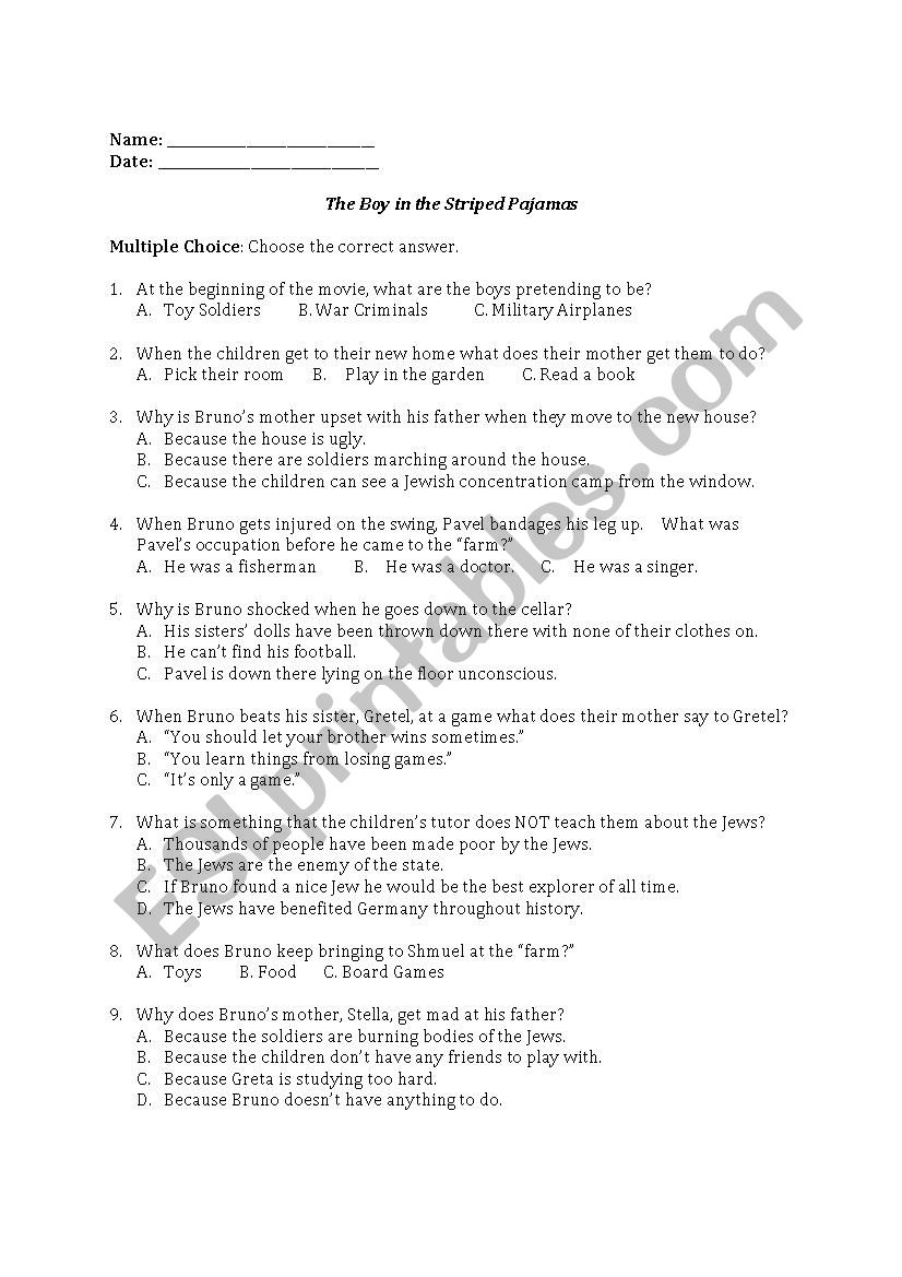 The Boy in the Striped Pajamas Worksheet