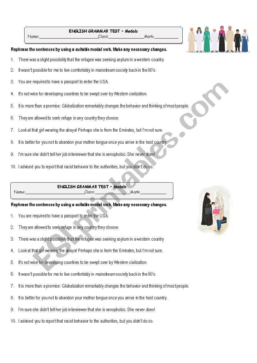 Modal verbs - mini test worksheet
