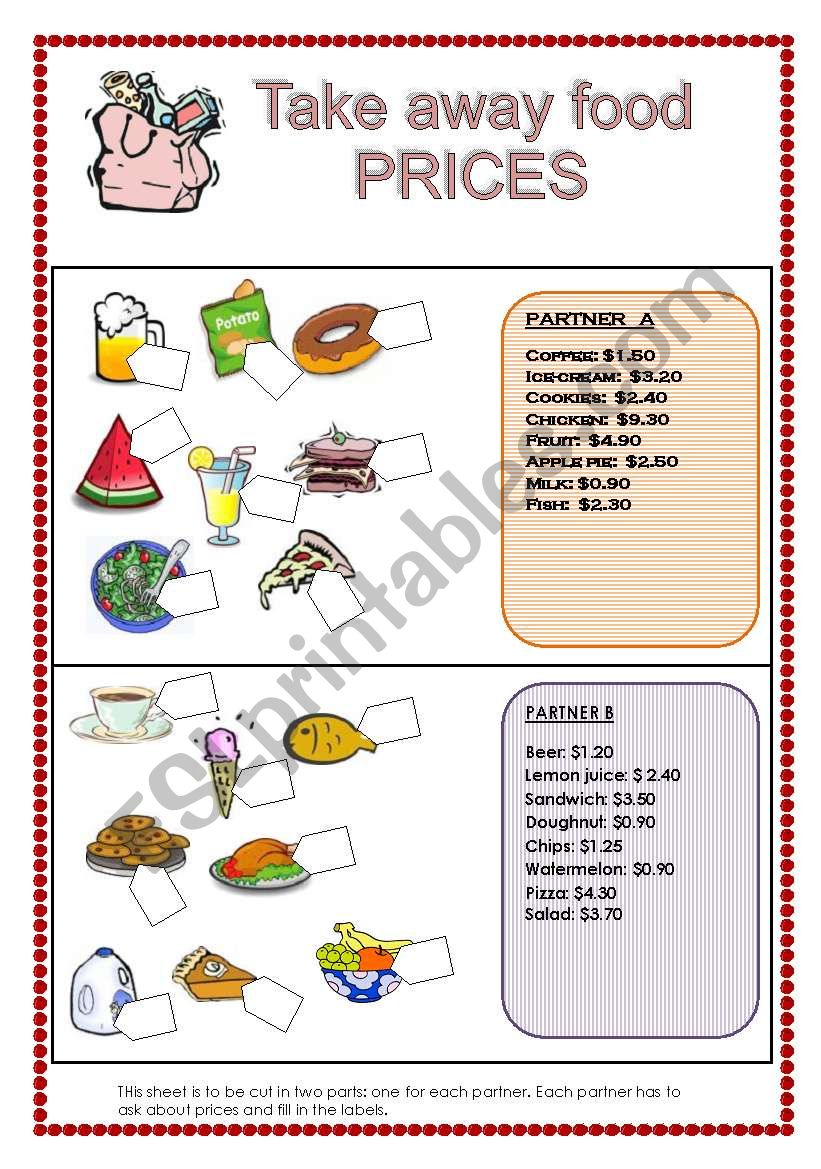 Take away food prices worksheet