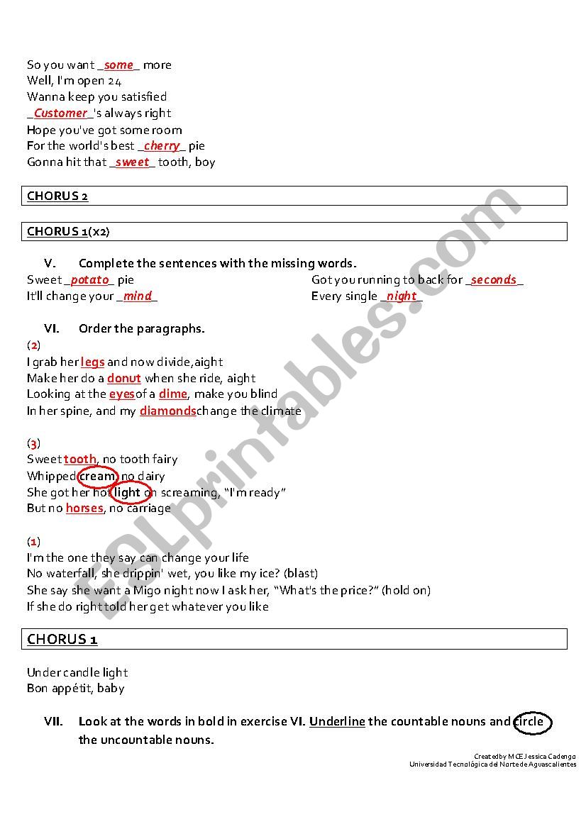 Bon Appetit Katy Perry With Answer Key Esl Worksheet By Jessicadengo