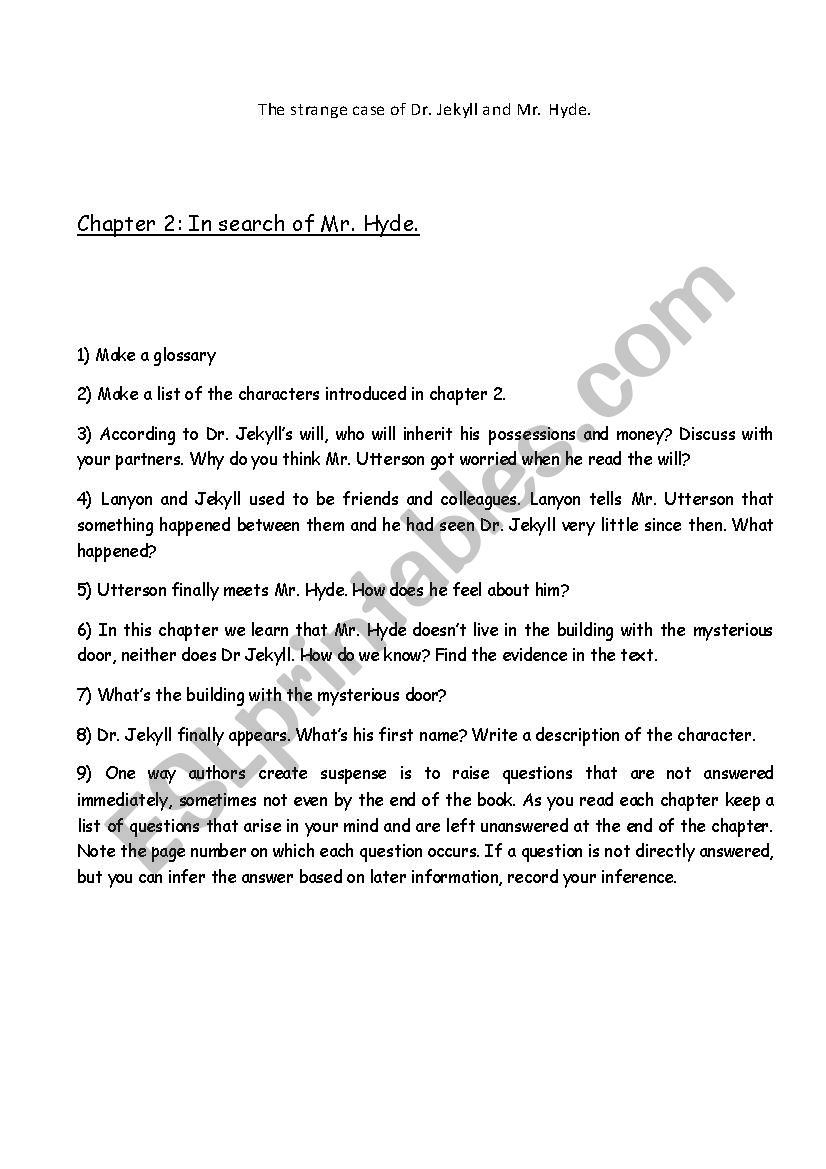 Dr. Jekyll and Mr. Hyde Chapter 2 worksheet