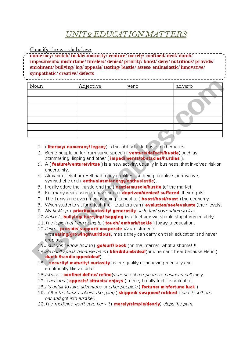 unit 2 education bac students worksheet