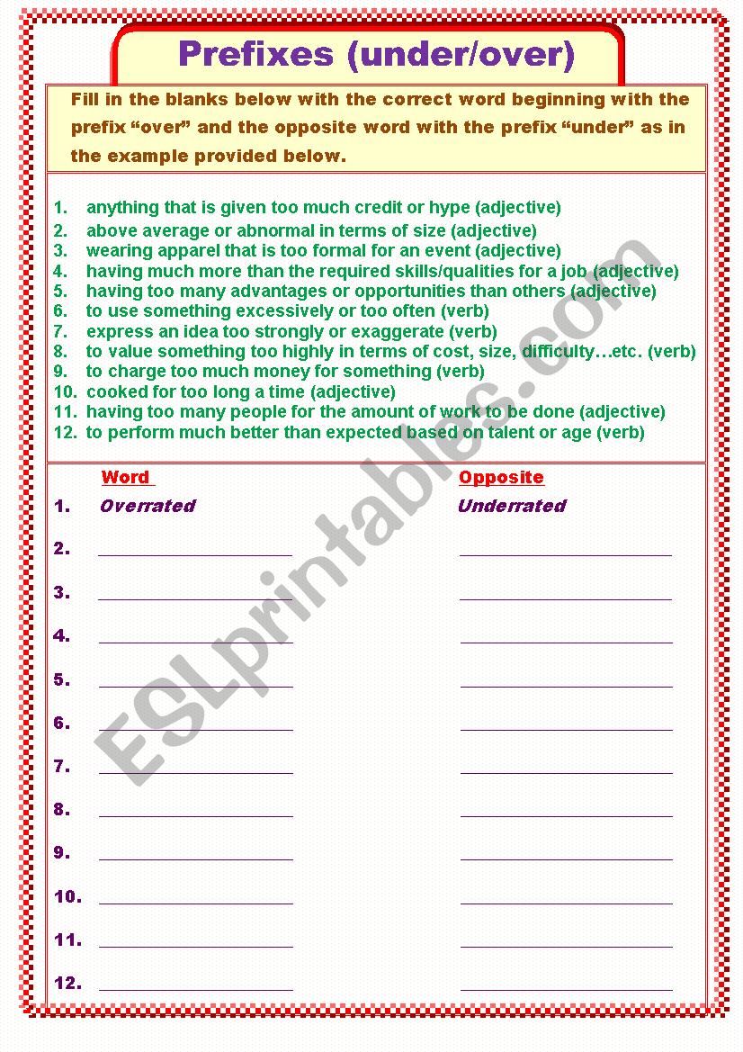Prefixes with under and over worksheet