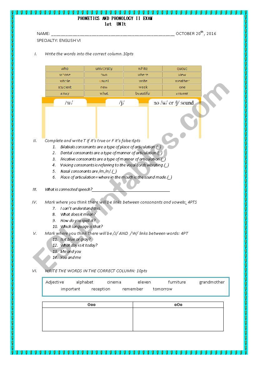 Phonetics exam worksheet