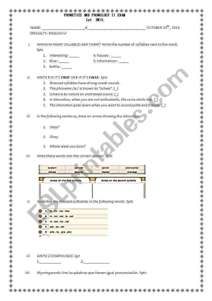 Phonetics exam N 2 worksheet