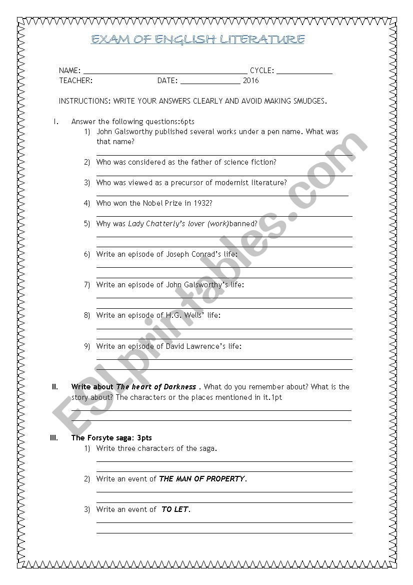 English Literature Exam worksheet