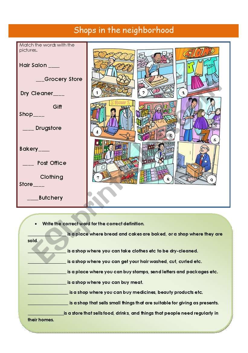 Shops in the neighborhood worksheet