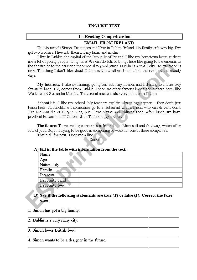 Basic Test worksheet