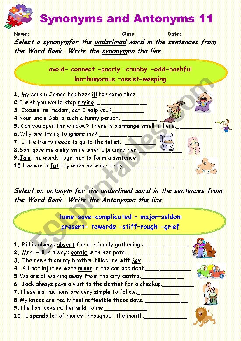 Synonyms vs Antonyms 11 worksheet
