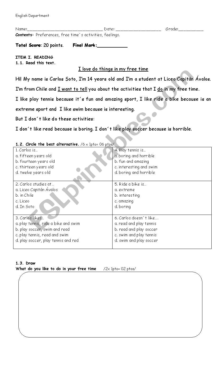 Free activities worksheet