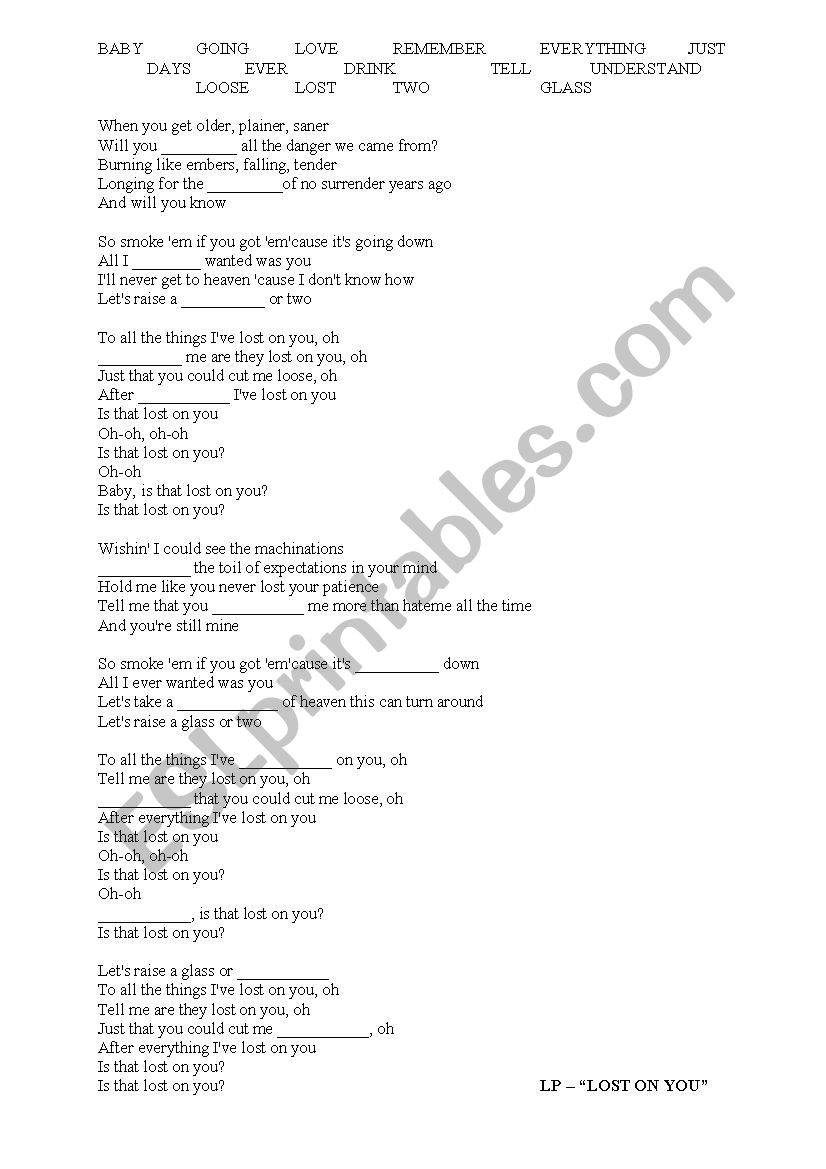 SONG - Lost on You - LP worksheet