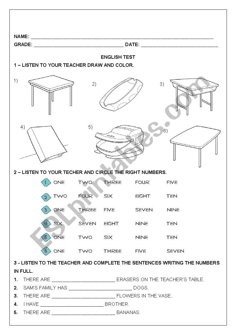 NUMBER AND SCHOOL OBJECTS worksheet