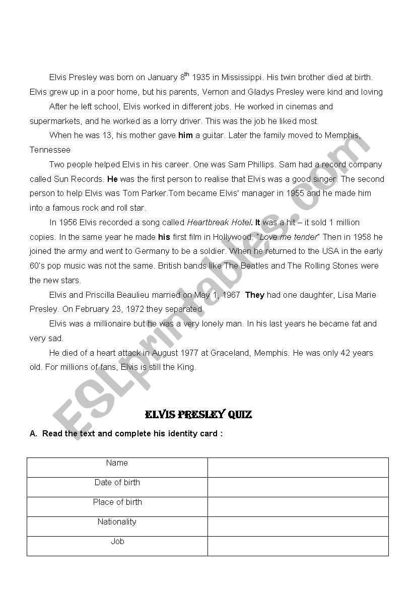 Elvis Presley biography-quiz worksheet