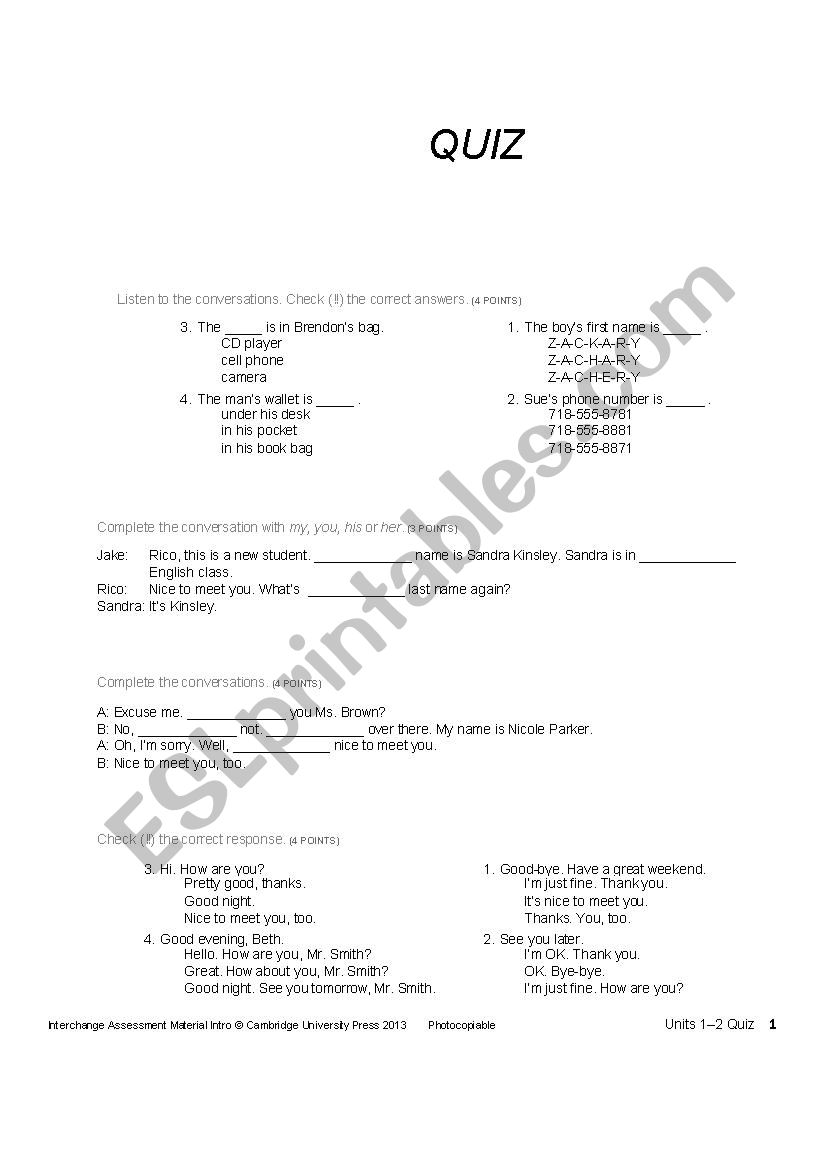 INTERCHANGE INTRO QUIZ UNIT 1 AND 2