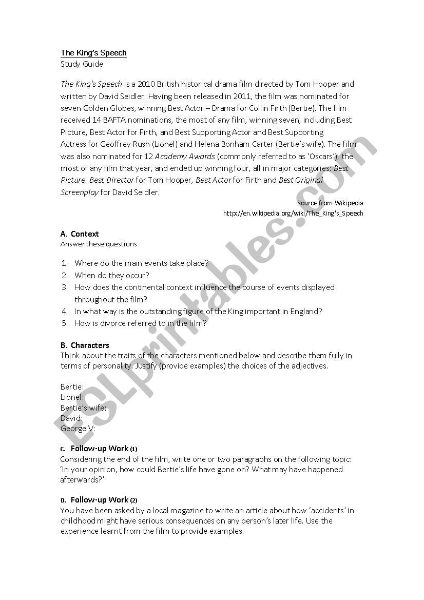 The KingÂ´s Speech - Study Guide