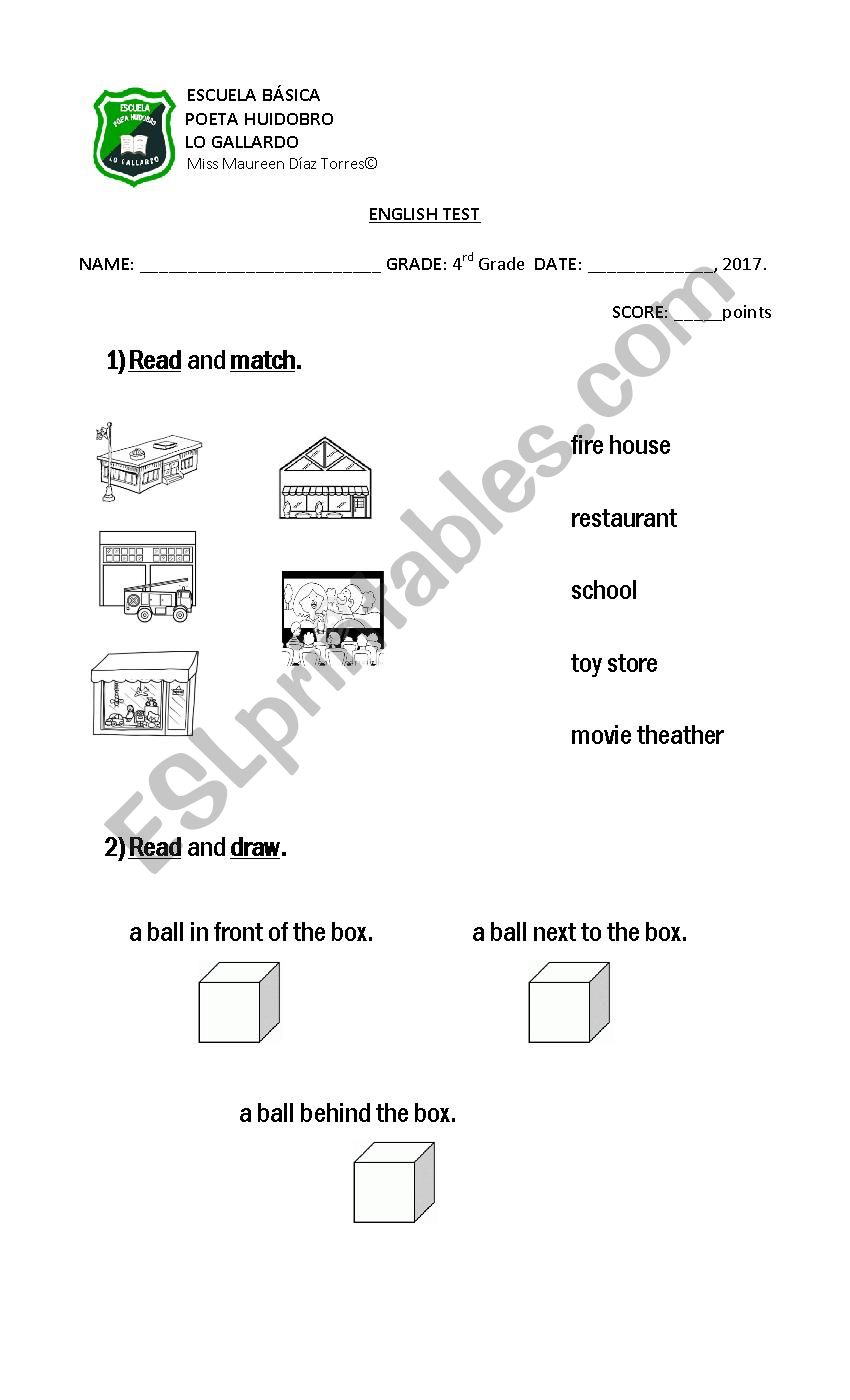prepositions places of the city test 4th grade